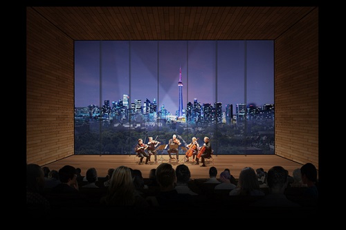 In this rendering of the music recital hall, musicians perform with the Toronto skyline visible in the window behind them