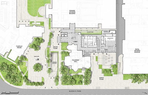 A site plan for the building shows the proposed new building in relation to the streets, greenery and buildings around it.