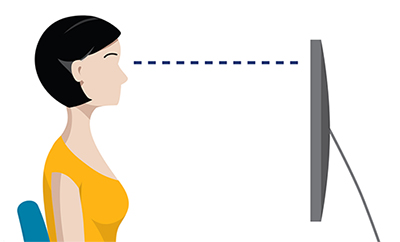 In this illustration of a woman, she is positioned so that her neck remains in a neutral position when she is looking at the top of her monitor.