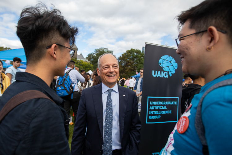 Two computer science students speak with U of T's President Meric Gertler.