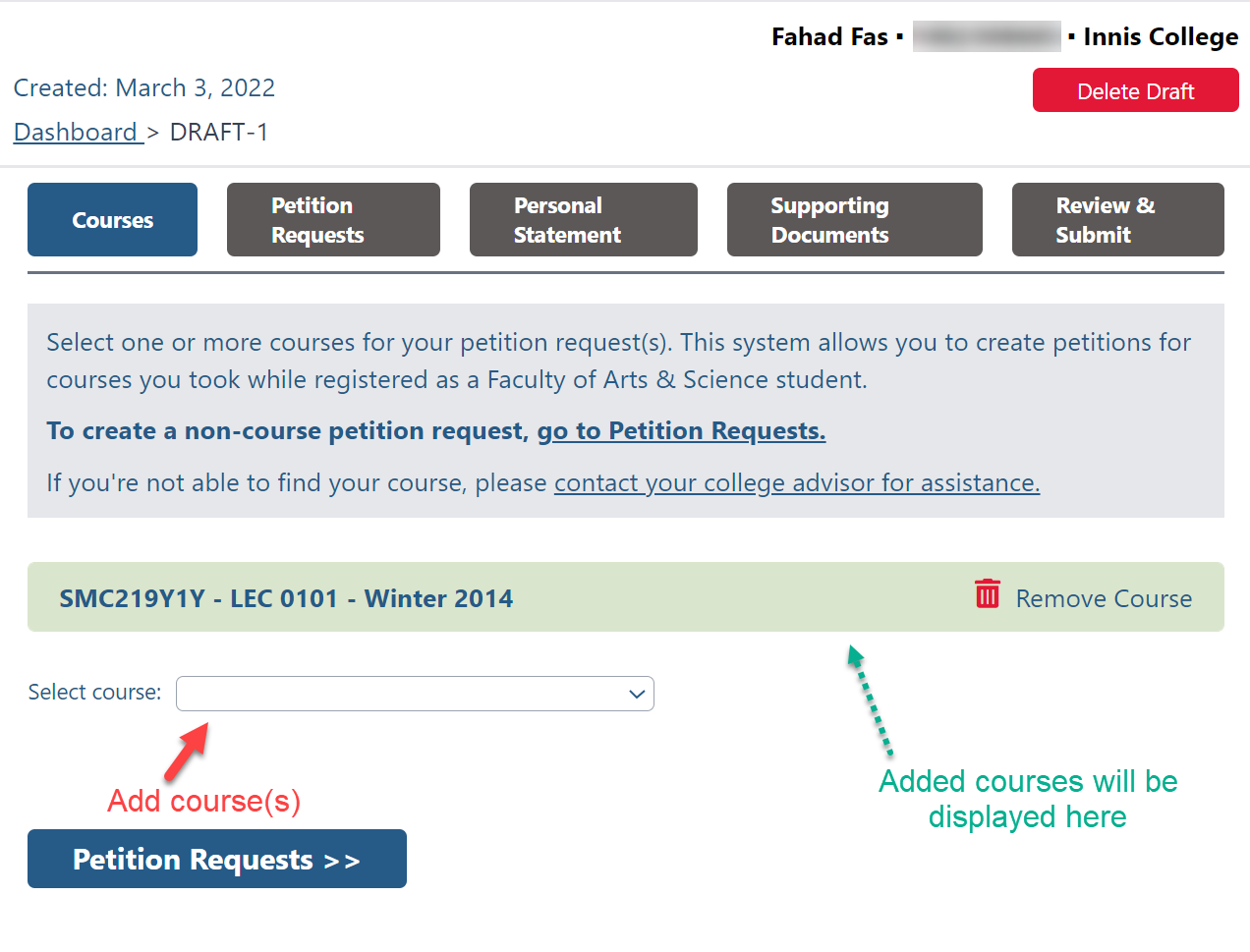 Screenshot of online petitions system showing how to add courses