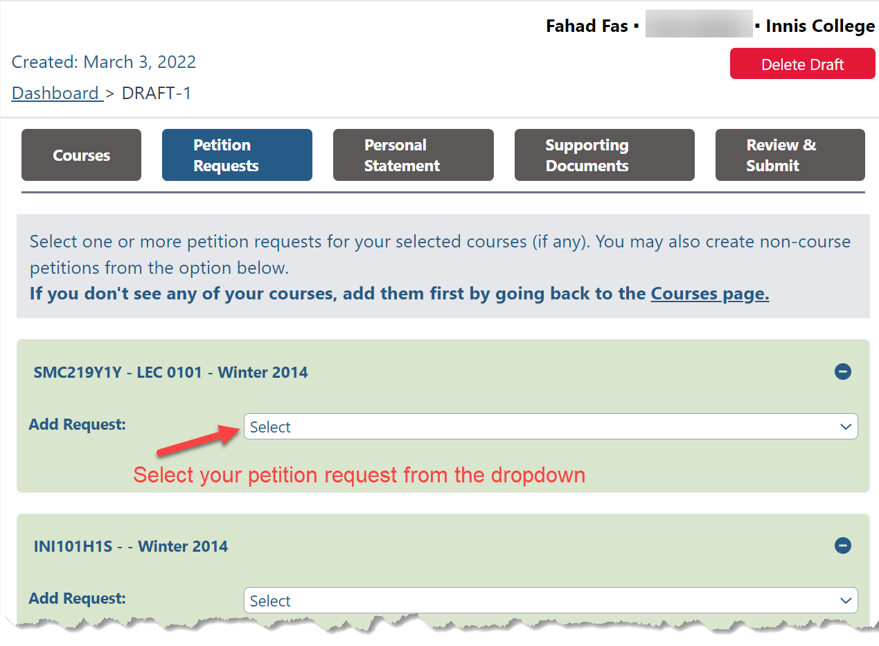 Screenshot of online petitions system showing how to select petition type