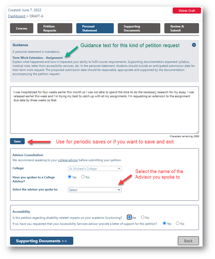 Screenshot showing how to add a personal statement in the online petitions system