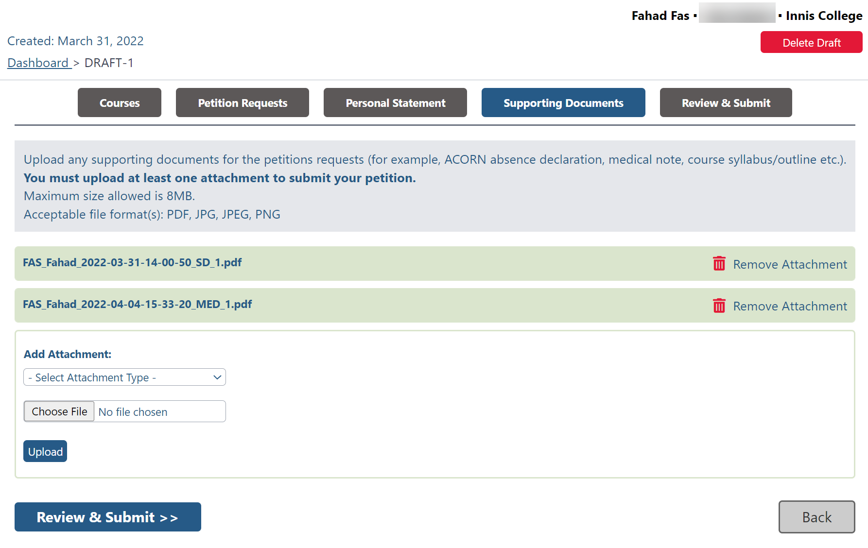 Screenshot showing how to add attachments when submitting a petition request online