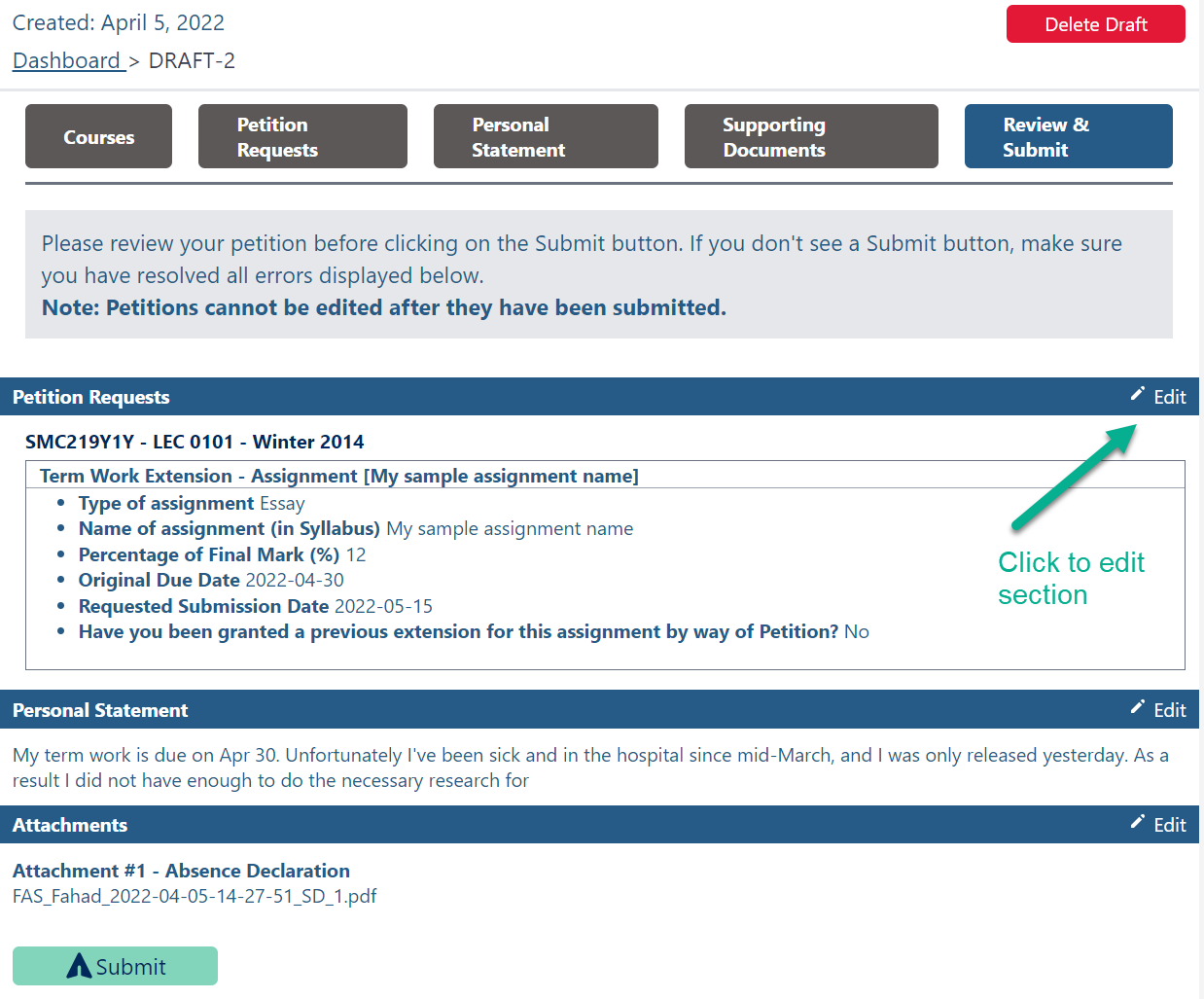 Screenshot showing how to edit a petition before submitting