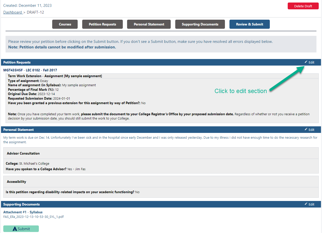 Screenshot showing how to edit a petition before submitting
