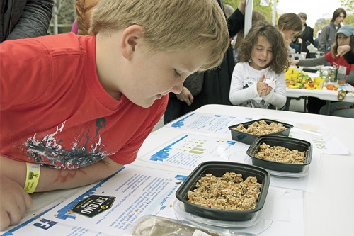A young boy looking at a container of mealworm granola