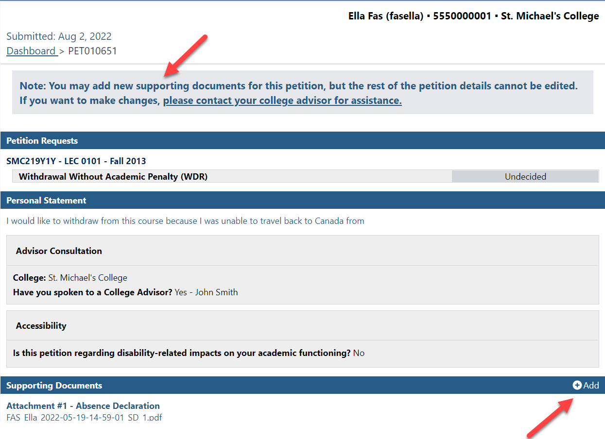 Screenshot of submitted petition with an arrow pointing to a text box that indicates the user can add supporting documents. Another arrow at the bottom of the screenshot points to the Add link in the Supporting Documents header.