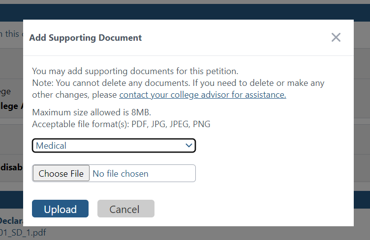Screenshot of "Add Supporting Document" popup