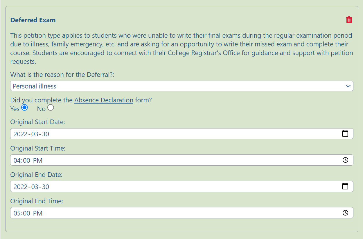 Screenshot of the Deferred Exam petition request form
