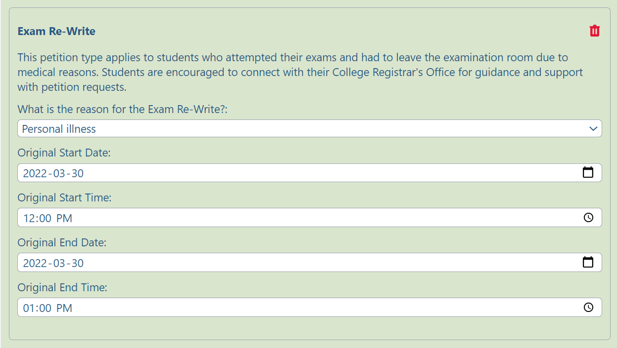 Screenshot of the Exam Re-Write petition request form