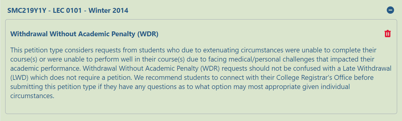 Screenshot of the Withdrawal Without Academic Penalty petition request form