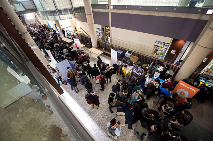 A crowd of people in the lobby of U of T's Bahen Centre