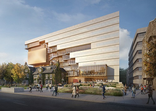 A rendering of the modern new building, which looks golden, angular and approximately 10 storeys tall