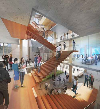 This rendering of the building's interior includes an open-concept wooden staircase, glass railings and concrete ceilings