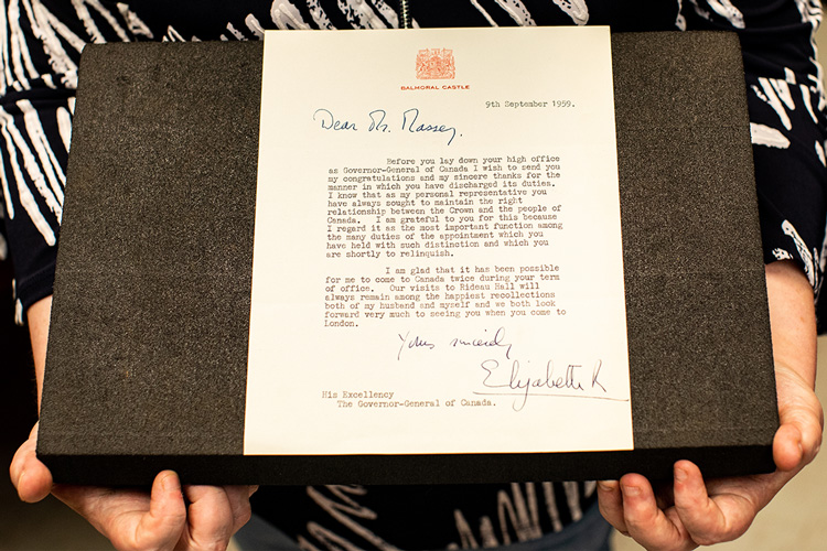 A letter written by Queen Elizabeth II to Vincent Massey on the occasion of his retirement as governor general of Canada