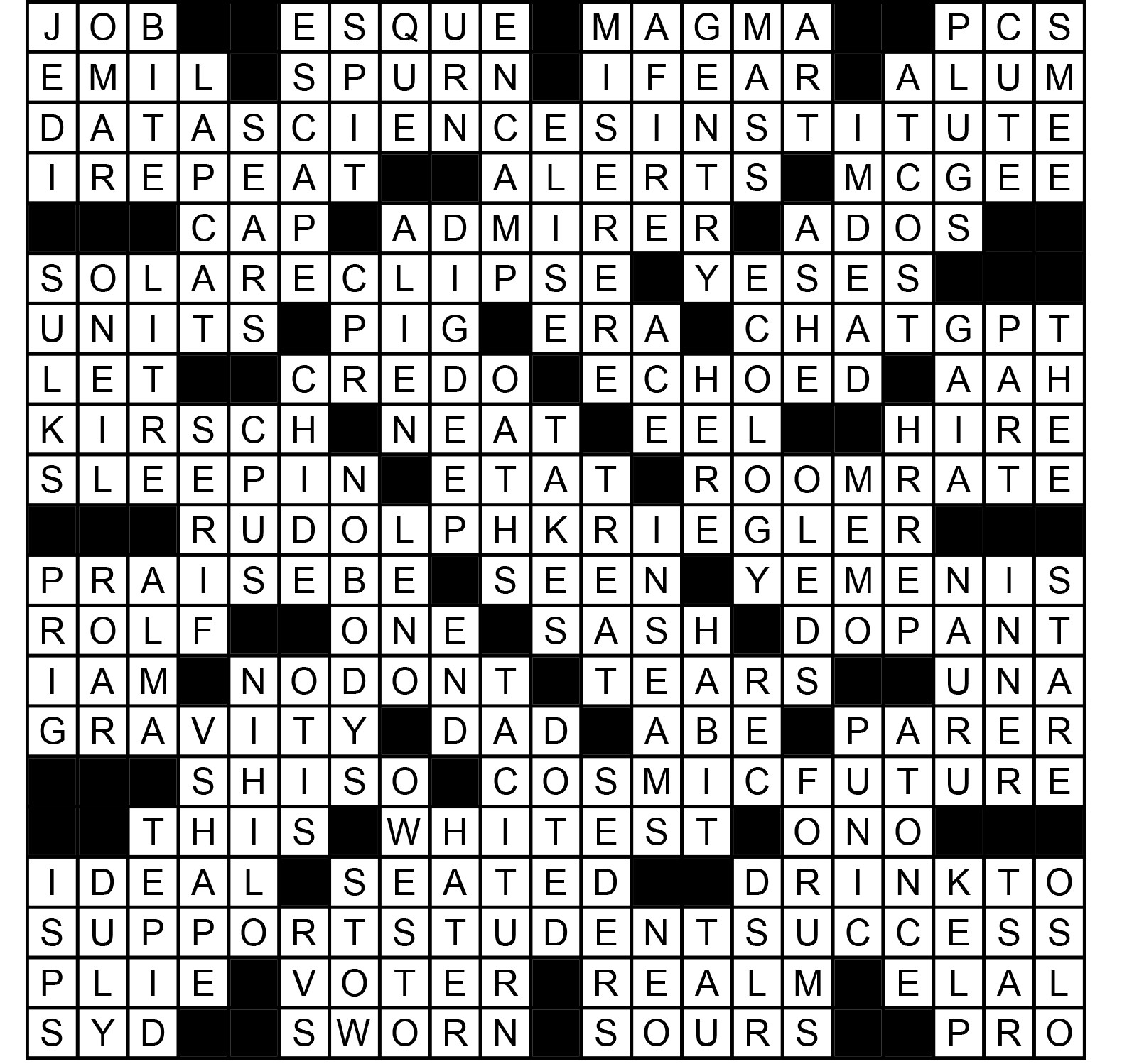 A crossword filled out with all the answers. Answers are also listed below.
