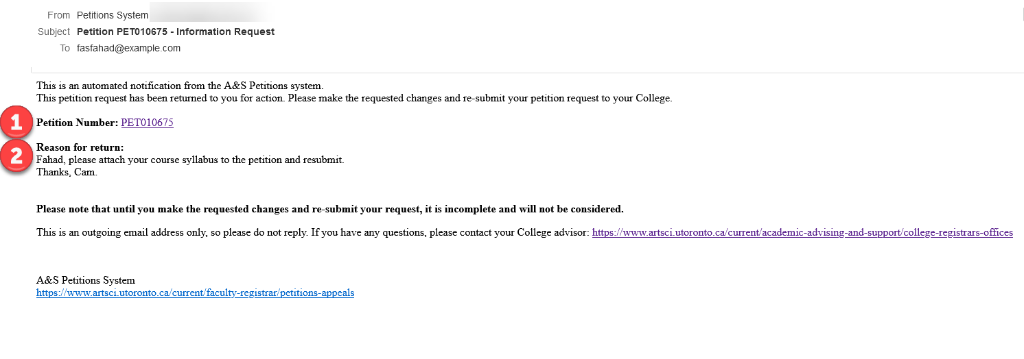 Sample of an email notification of a Pending Student Action petition. The petition number and reason for return are highlighted.