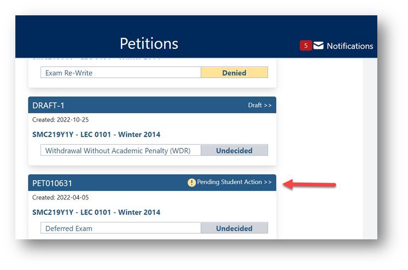 Screenshot of online petitions system showing a Pending Student Action petition