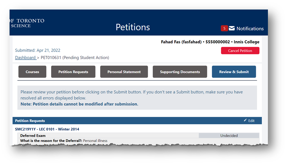 Screenshot of online petitions system showing the tabs in a petition request