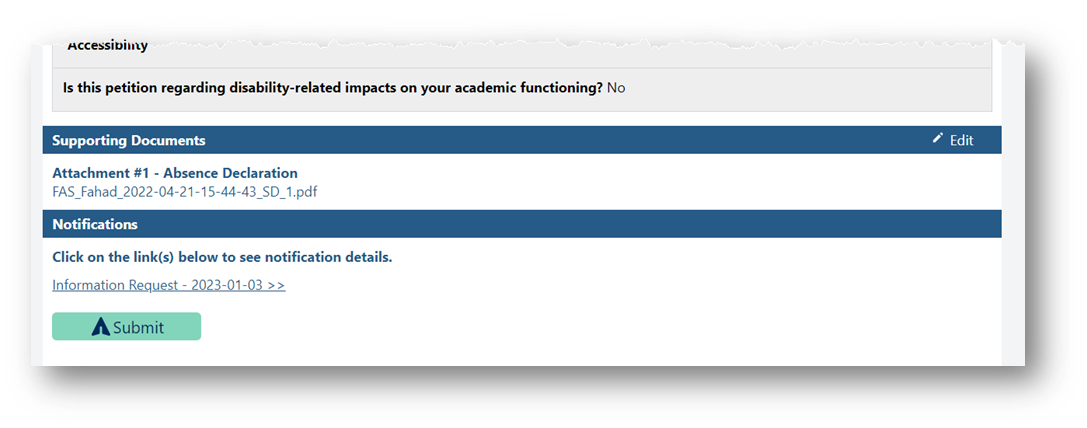 Screenshot of online petitions system showing the submit button on a petition request