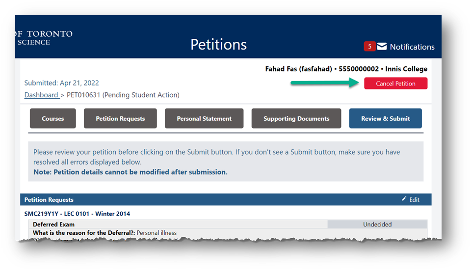 Screenshot of online petitions system showing the cancel petition button