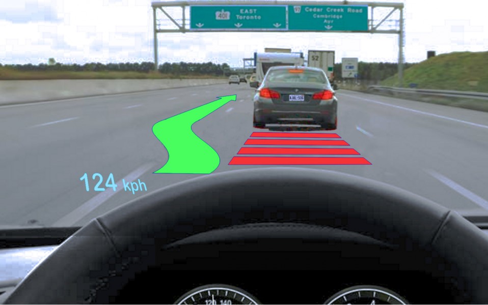 Example of an augmented reality head-up display, including red lines and a green arrow
