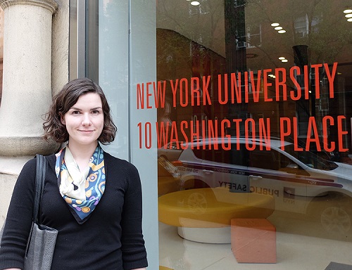 Ailís Cournane in front of the linguistics department on the NYU campus