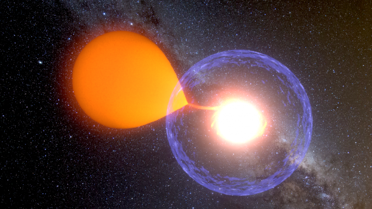 Artistic representation of nova outburst, one purple star and one bright orange star create an explosion