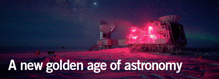 The words "a new golden age of astronomy" laid overtop an illustration of machinery in space with pink lights. 
