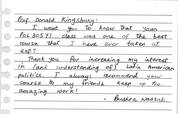 Appreciative note from student to Professor Donald Kingsbury