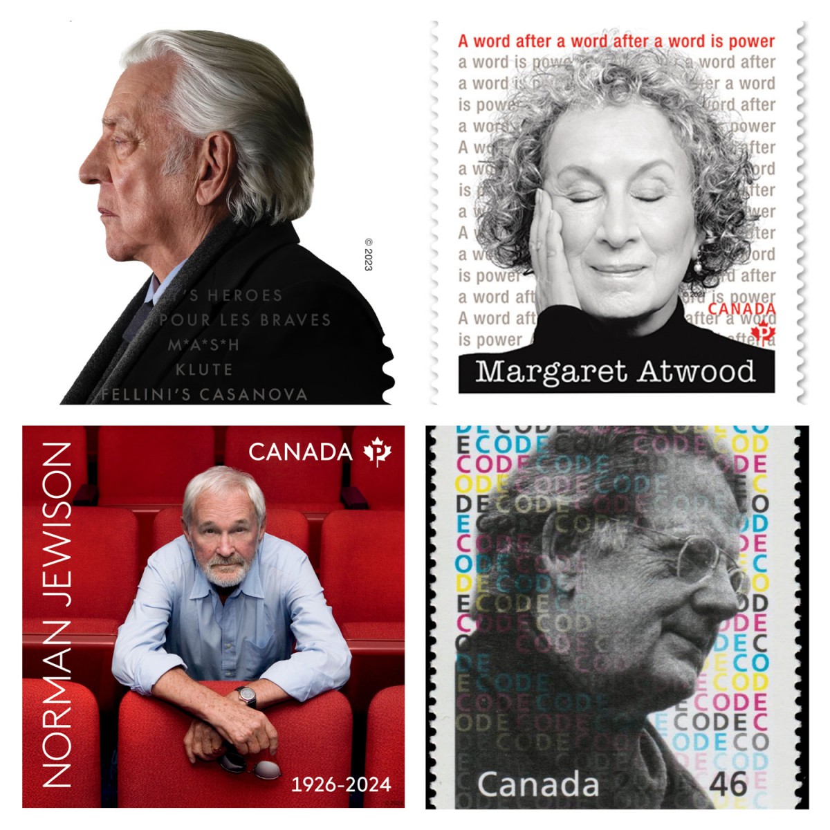 A collage of commemorative stamps, arranged from left to right and top to bottom, featuring Norman Jewison, Margaret Atwood, Donald Sutherland and Northrop Frye.