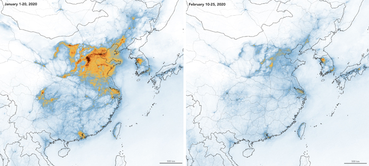 A map comparing China's levels of nitrogen dioxide in January and February of 2020.