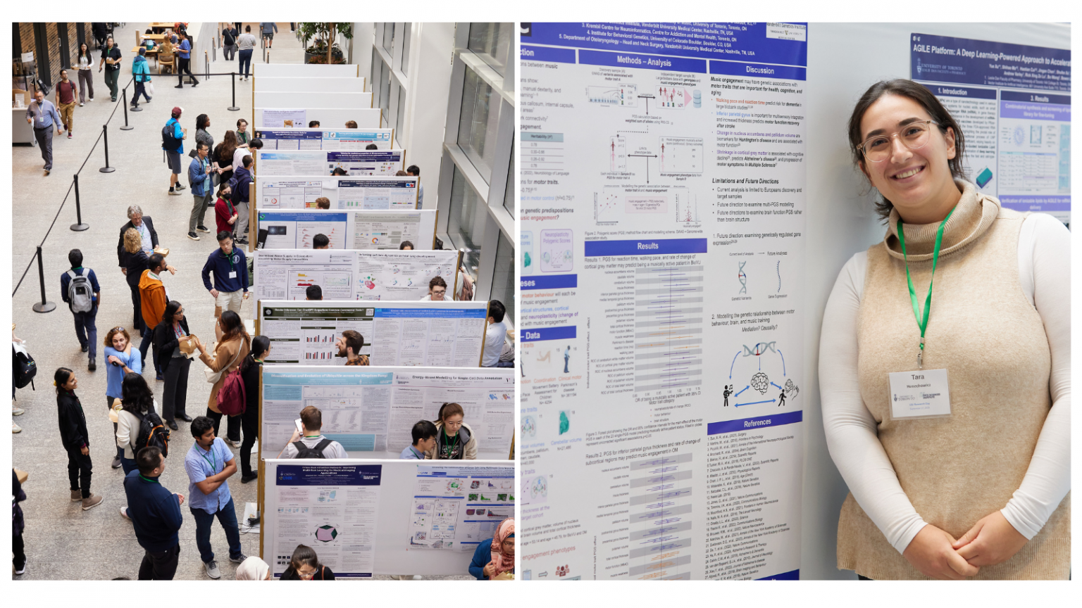 Image on left: A groups of students attend a fair presenting their research Image on right: a student presents their research and stands in front of a poster.