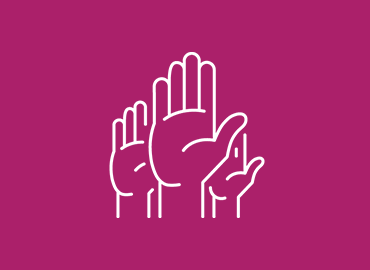 A graphic of three hands raised with a pink background.