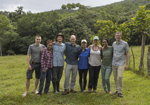 Luke Mahler (far right), Luke Frishkoff (fourth from left), George Sandler (far left) and the rest of the team in the Dominican Republic to survey Anolis lizard populations. Photo courtesy of Luke Mahler.