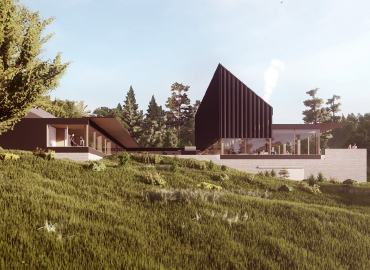 A rendering of new facilities at the Koffler Scientific Reserve, featuring a modern, minimalist design with a dramatic triangular roof formation