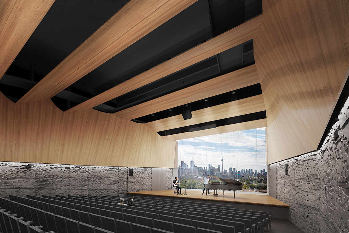 A large auditorium, an illustration of the inside of the new building.