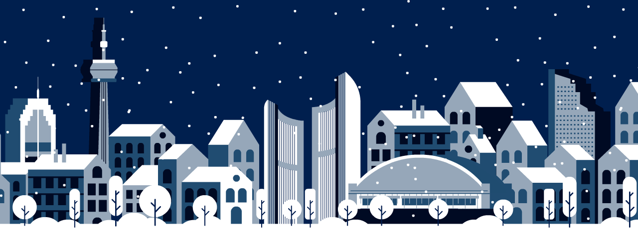 A gif animation of snow with an illustrated, blue and white Toronto and U of T skyline.