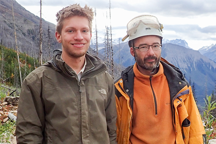 PhD student Joe Moysiuk (left) and Associate Professor Jean-Bernard Caron working at the Burgess Shale in Kootenay National Park