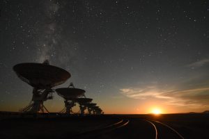 Moonset — around 2:30 a.m. — at the Very Large Array on the Plains of San Agustin, about 50 miles west of Socorro, New Mexico. Photo: NRAO/AUI/NSF.