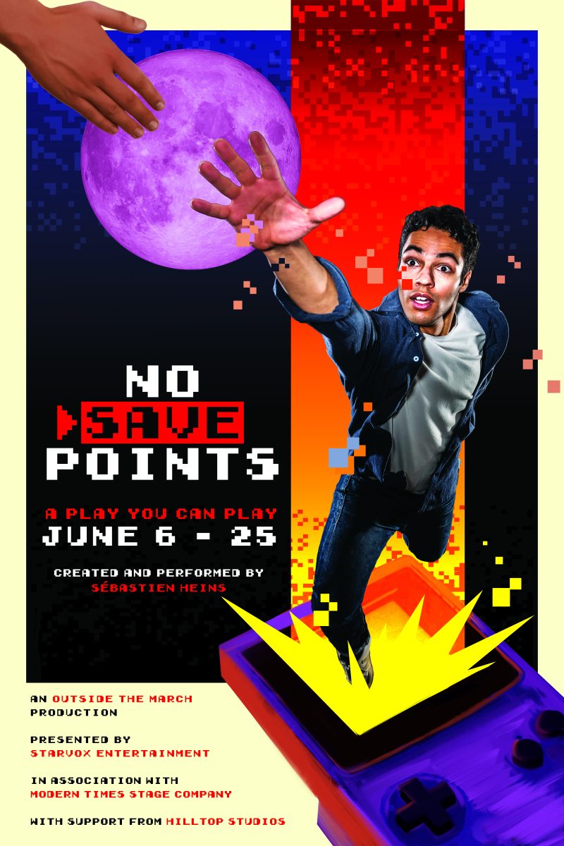 No Save Point poster with actor Sébastien Heins&nbsp;leaping out of a Gameboy
