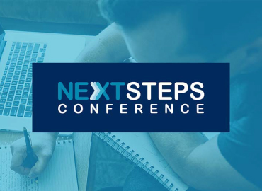 An image with a person writing in the background and text that says, "Next Steps Conference."