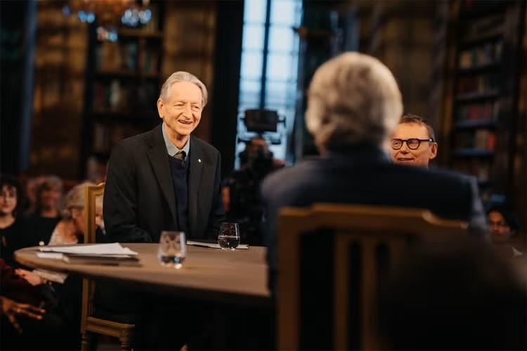 Hinton speaks at roundtable discussion for television’s Nobel Minds.