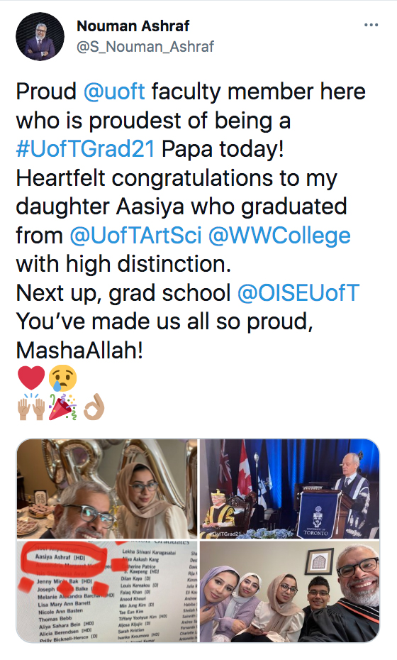 Nouman's twitter post about his proud daughter graduating on Convocation 2021