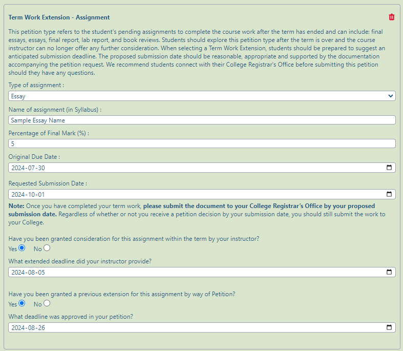 Screenshot of the fields required for a term work extension on an assignment