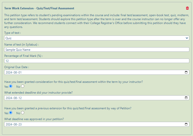 Screenshot of the fields required for a term work extension on a quiz/test/final assessment
