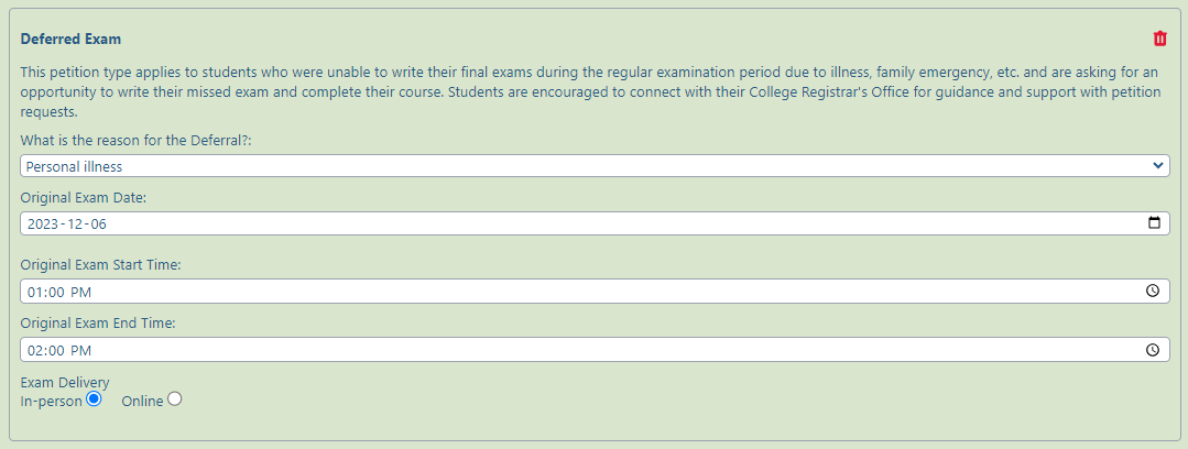 Screenshot of the Deferred Exam petition request form