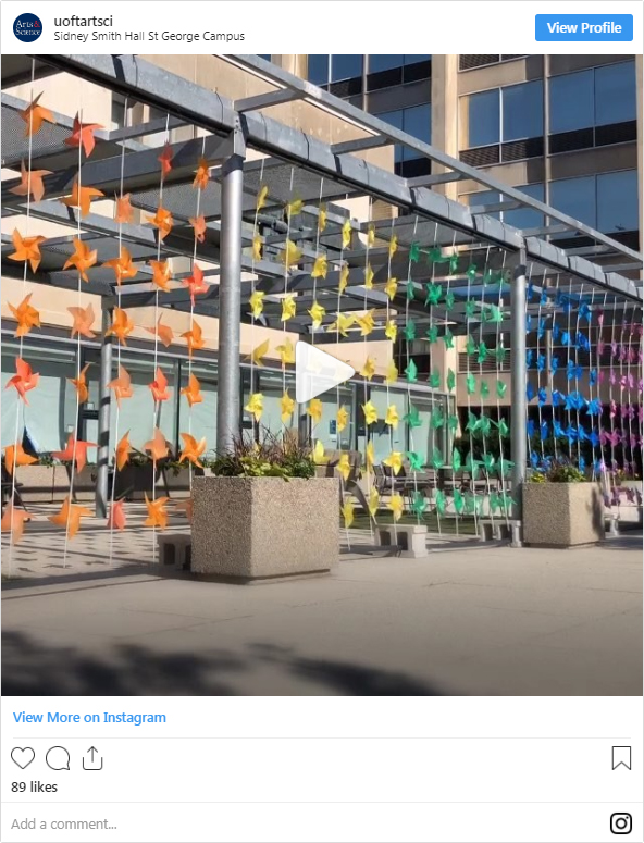 A link to an Instagram video of the Pride installation at Sidney Smith Hall
