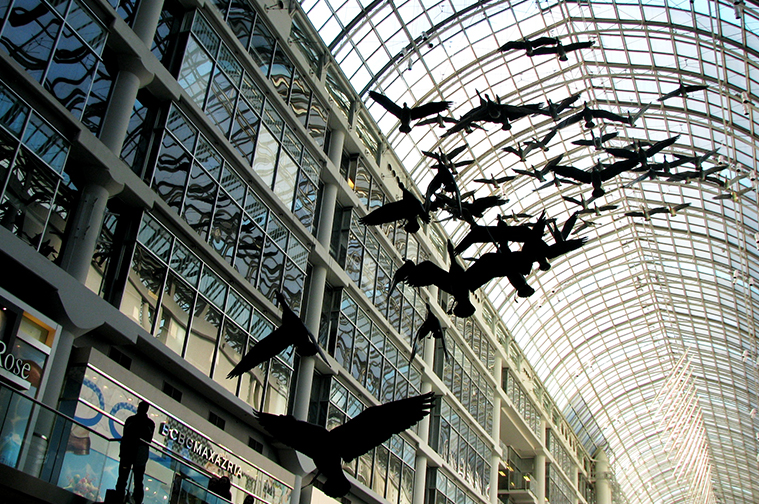 Art installation of fake birds flying across a shopping mall